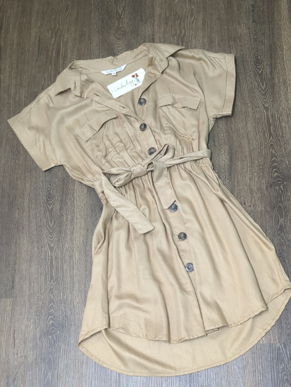 NWT, Indulge Instyle Safari Shirt Dress – Khaki Utility Mini with Tie Waist, M